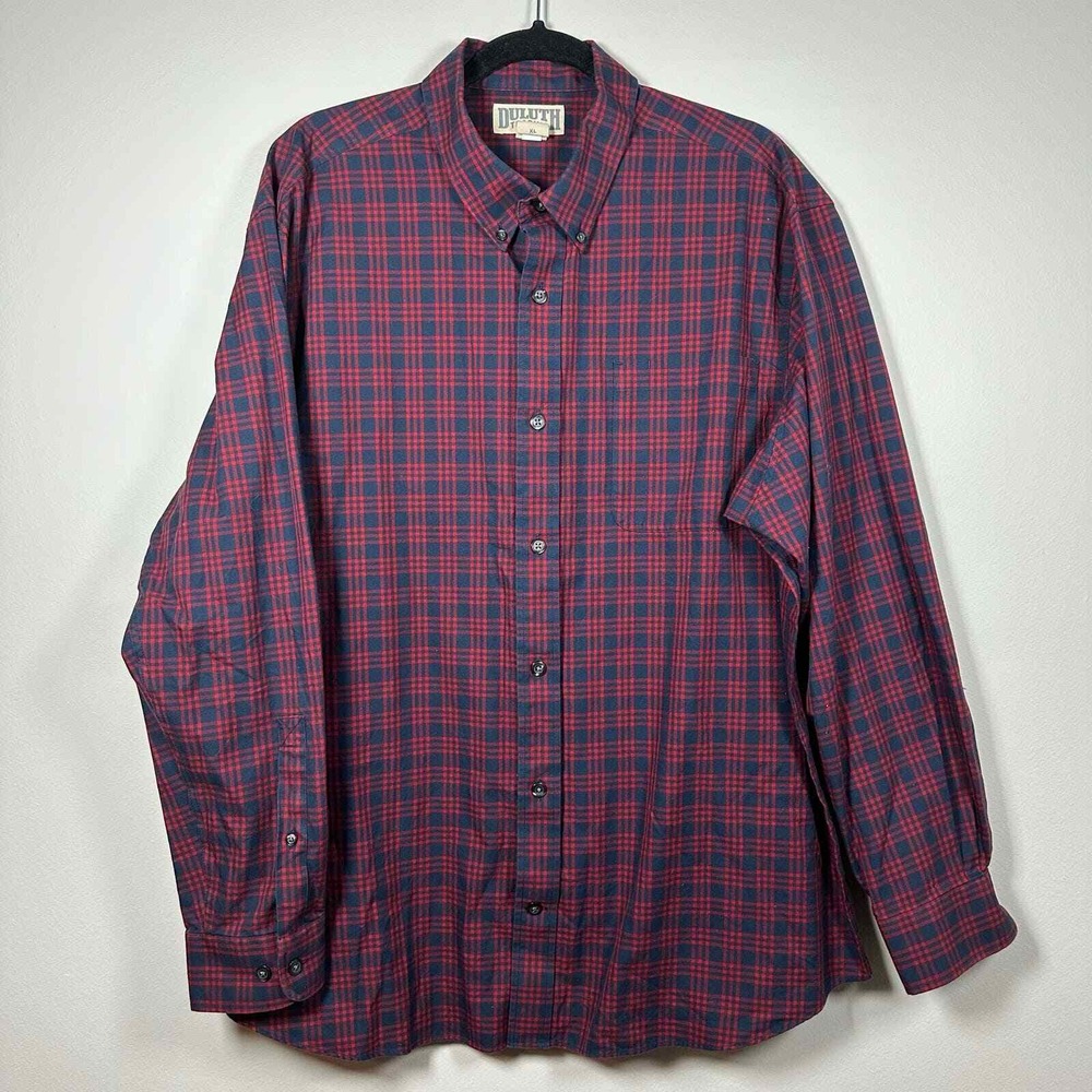 Duluth Trading Co XL Button Down Shirt Red Navy Plaid Long Sleeve Workwear